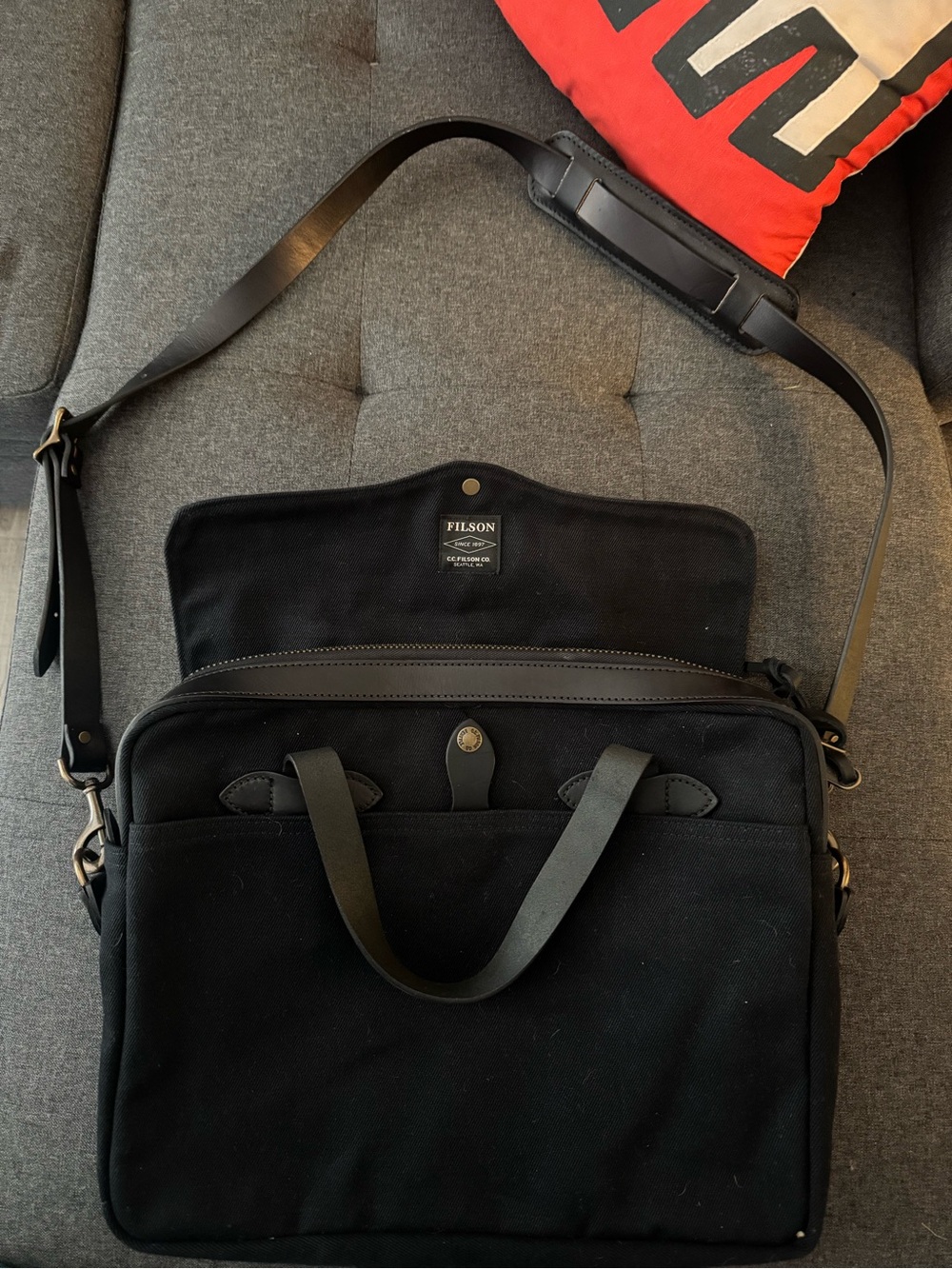 Filson Black Canvas Messenger Briefcase with Leather Strap